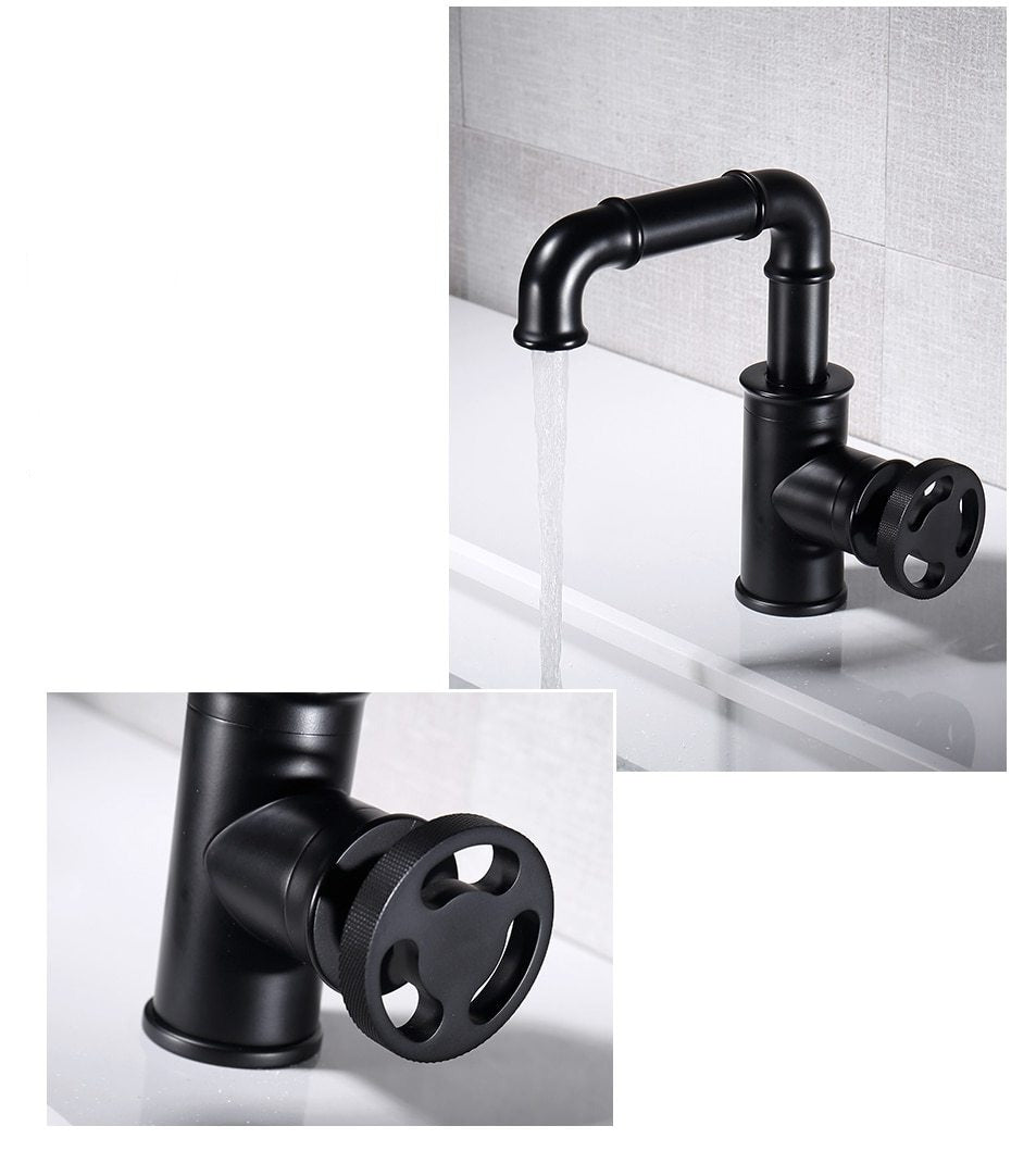 Black Industrial  bathroom faucet, Single Hole Bathroom Faucet with Round Diamond Knurled Handle