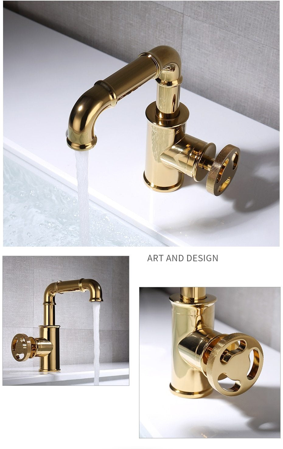 Multiple angle views of Industrial Bathroom Sink Faucet with polished brass finish. Single Handle, single hole mount