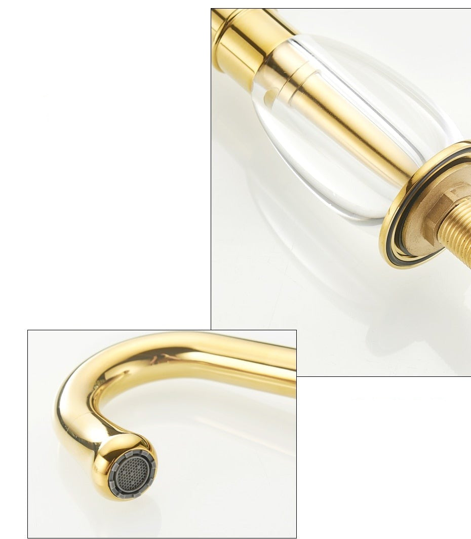 close up view of elegant eight inch spread gold bathroom faucet