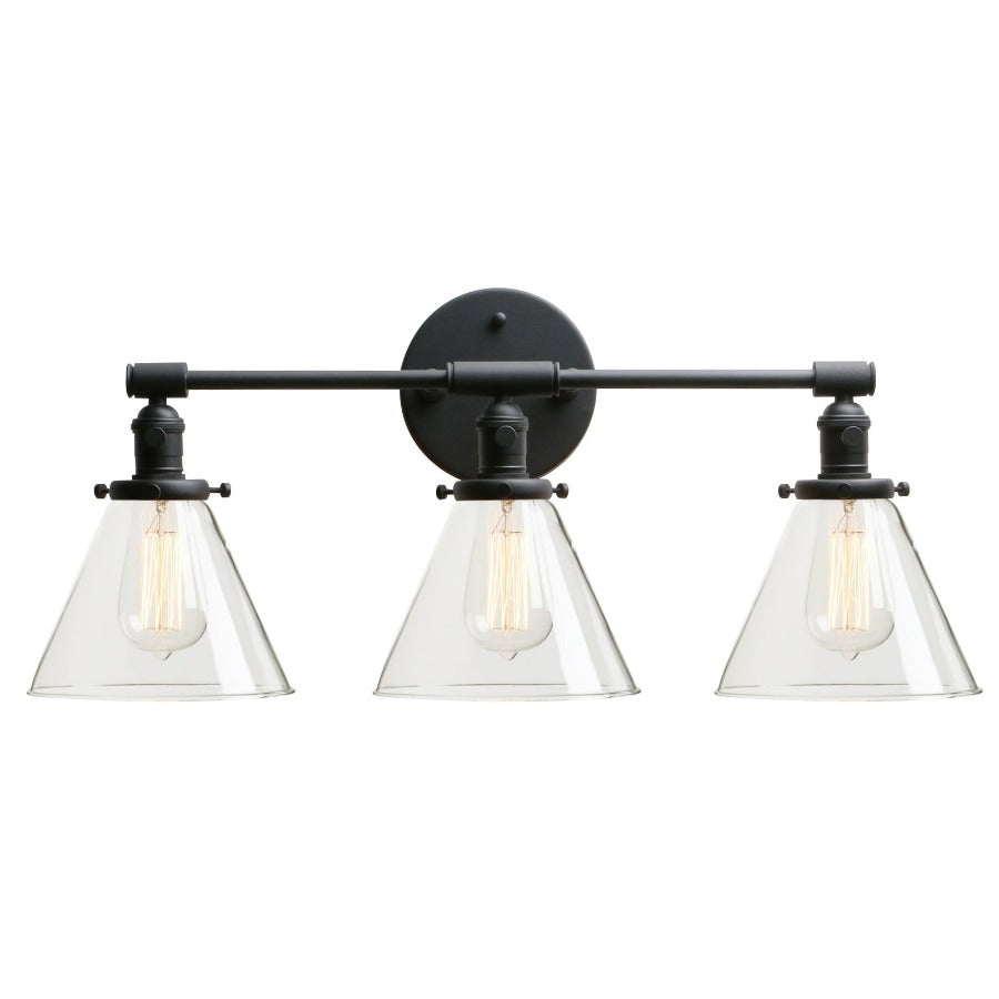 Vintage three light Vanity Wall Sconce in matte black showing three downward facing cone shades