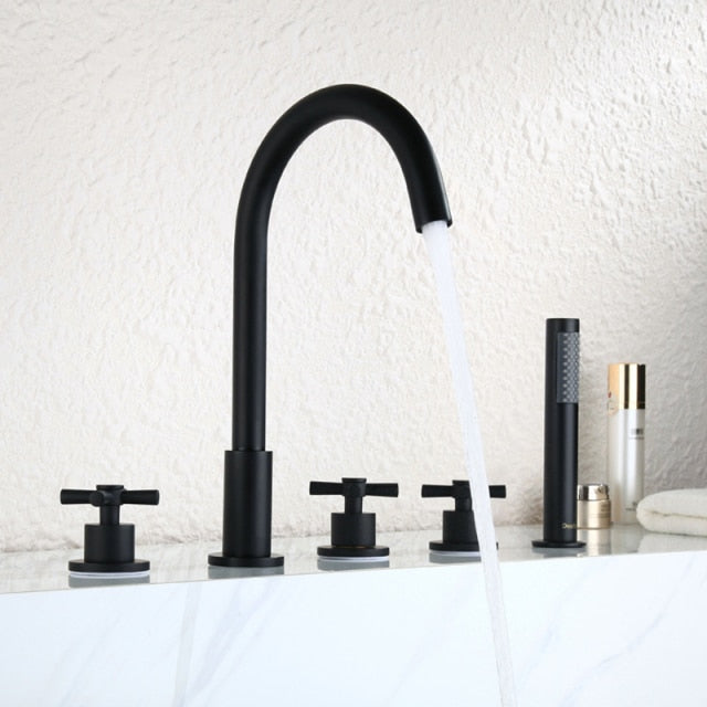 5 piece Deck Mounted Bathtub Faucet with Shower Wand  in Black