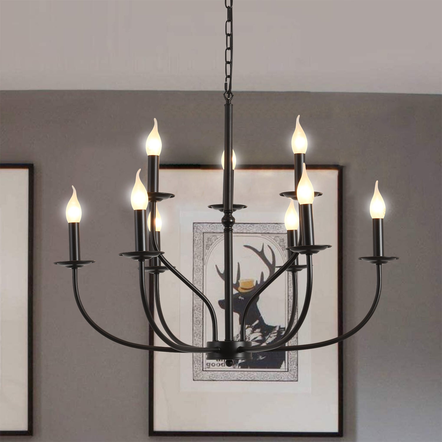 Nine Bulb Classic Black Chandelier shown hung in a study