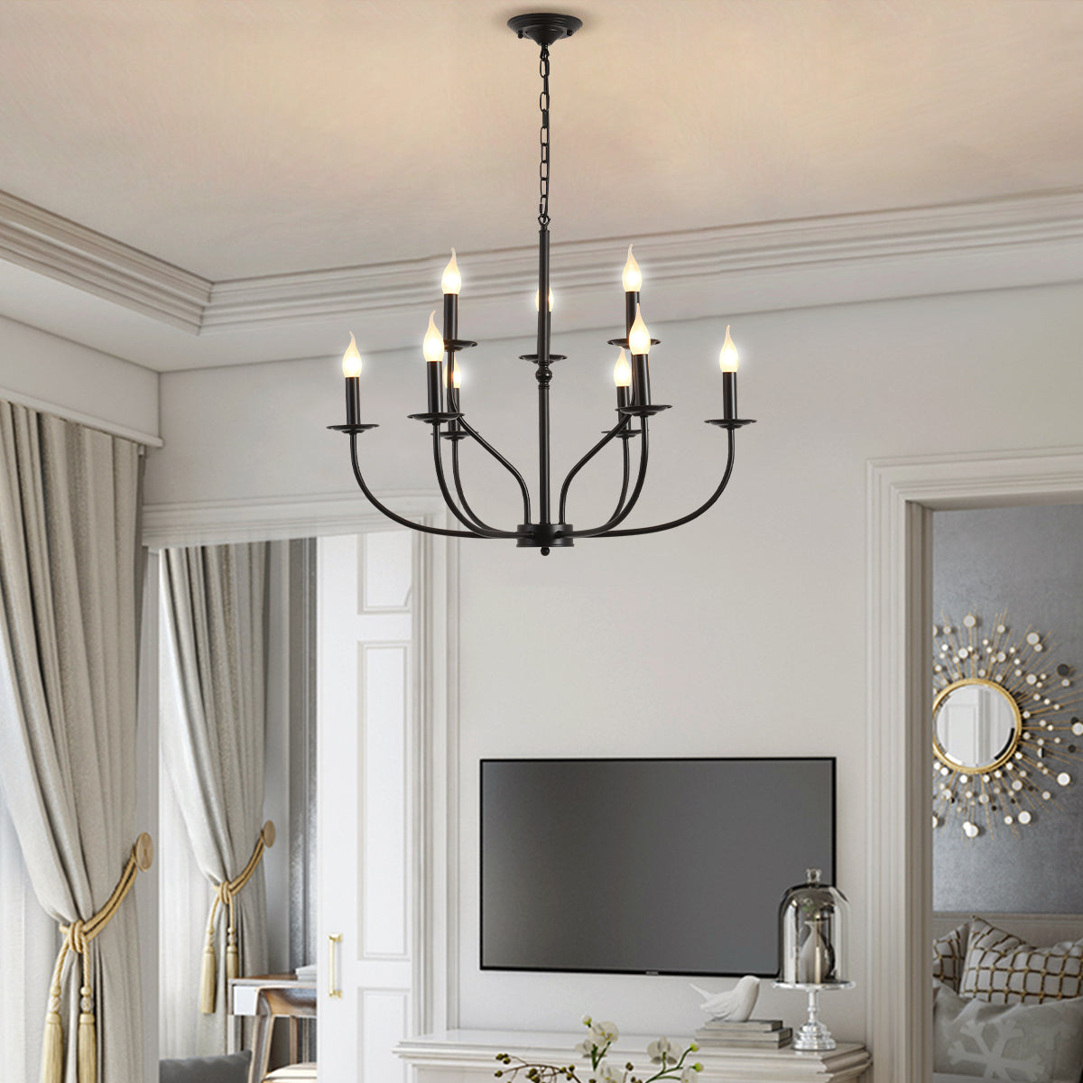 Nine Bulb Classic Black Chandelier shown hung in living room