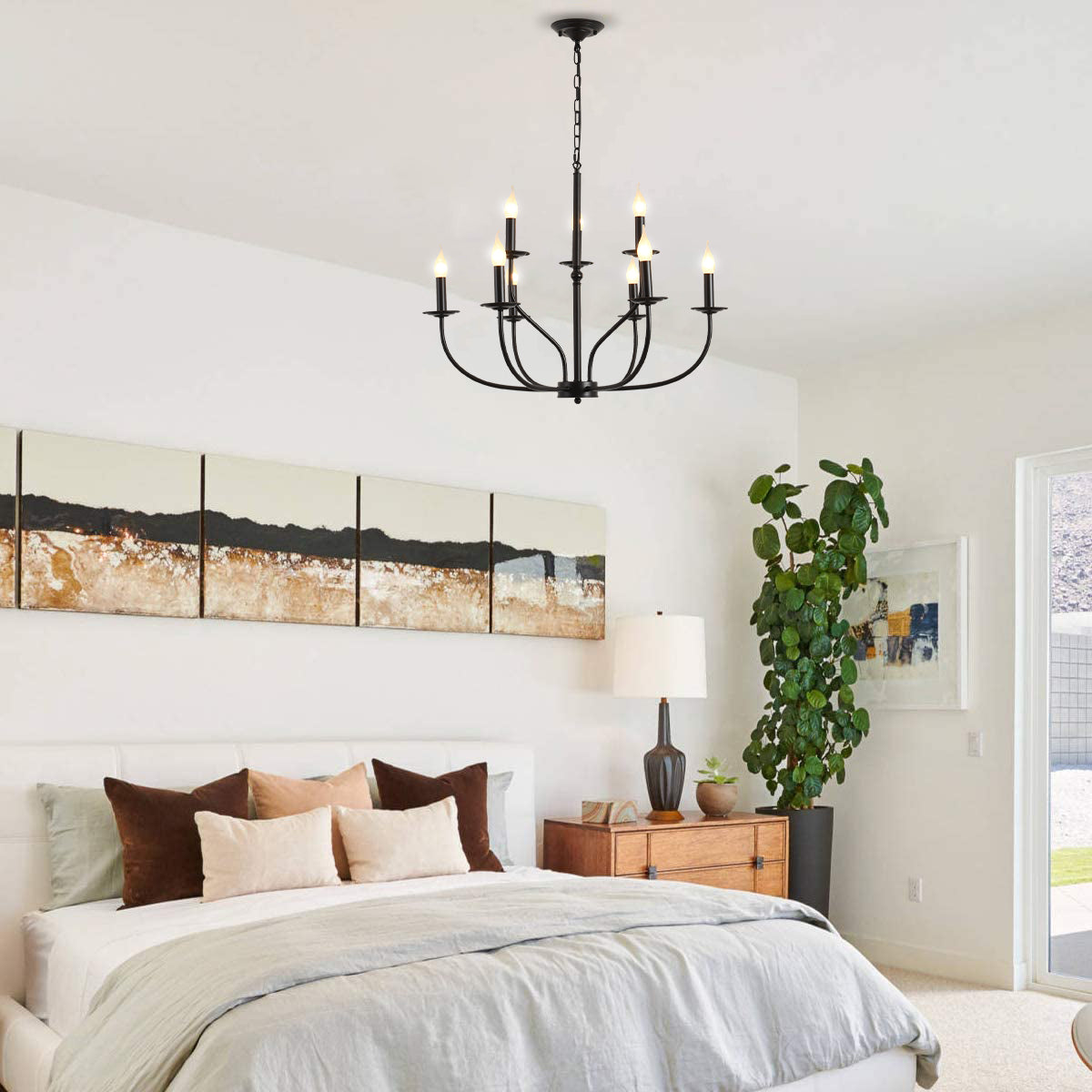 Nine Bulb Classic Black Chandelier shown hung in primary bedroom
