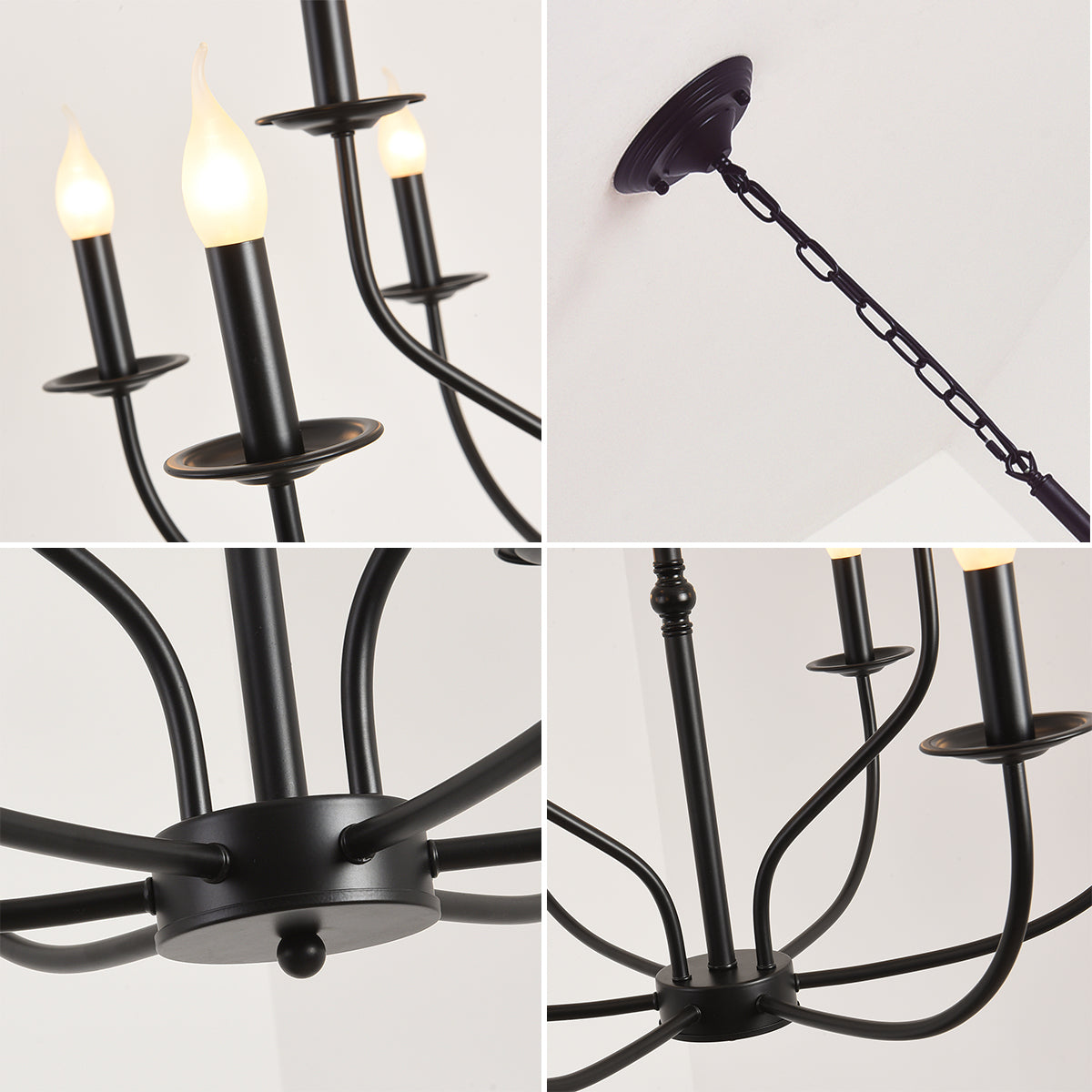 Close up details of Nine Bulb Classic Black Chandelier