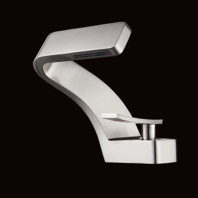 SIngle hole modern curved faucet in brushed nickel finish