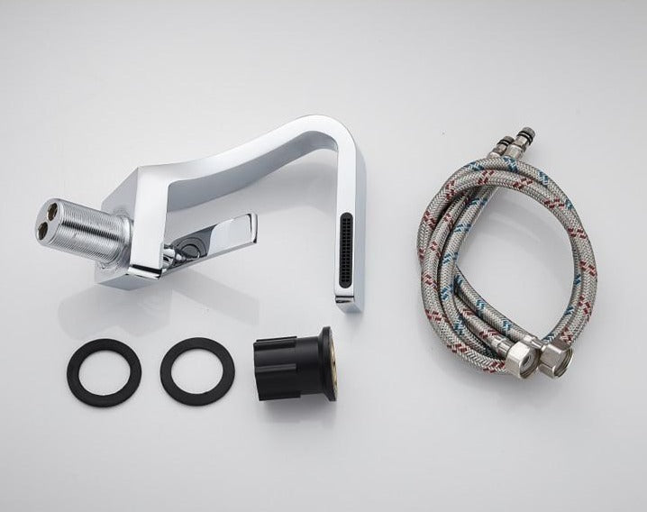 Installation accessories of SIngle hole modern curved faucet shown in brushed nickel finish