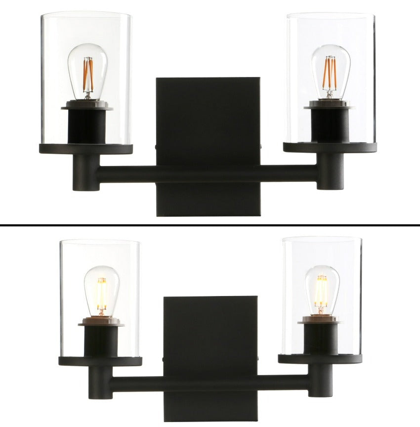 Black minimalist Two-Bulb Wall Sconce shown on and off