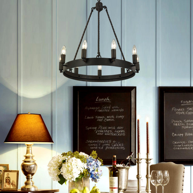 Farmhouse Chic black Chandelier  with 9 bulbs shown over dining table