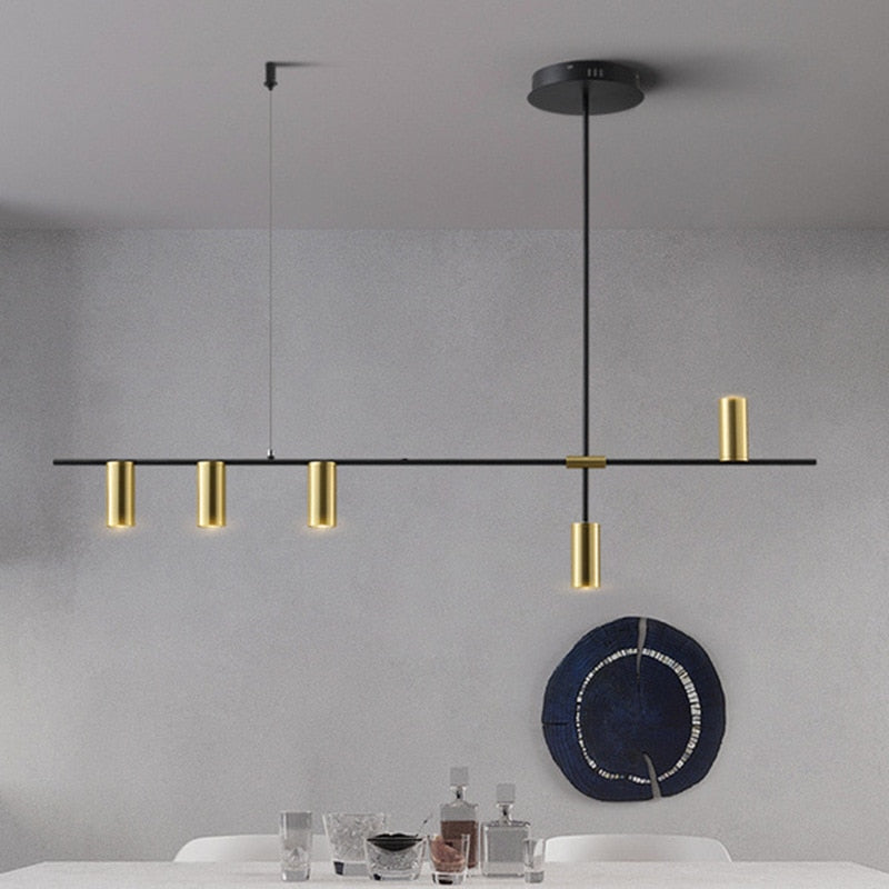 Modern horizontal chandelier in gold and black