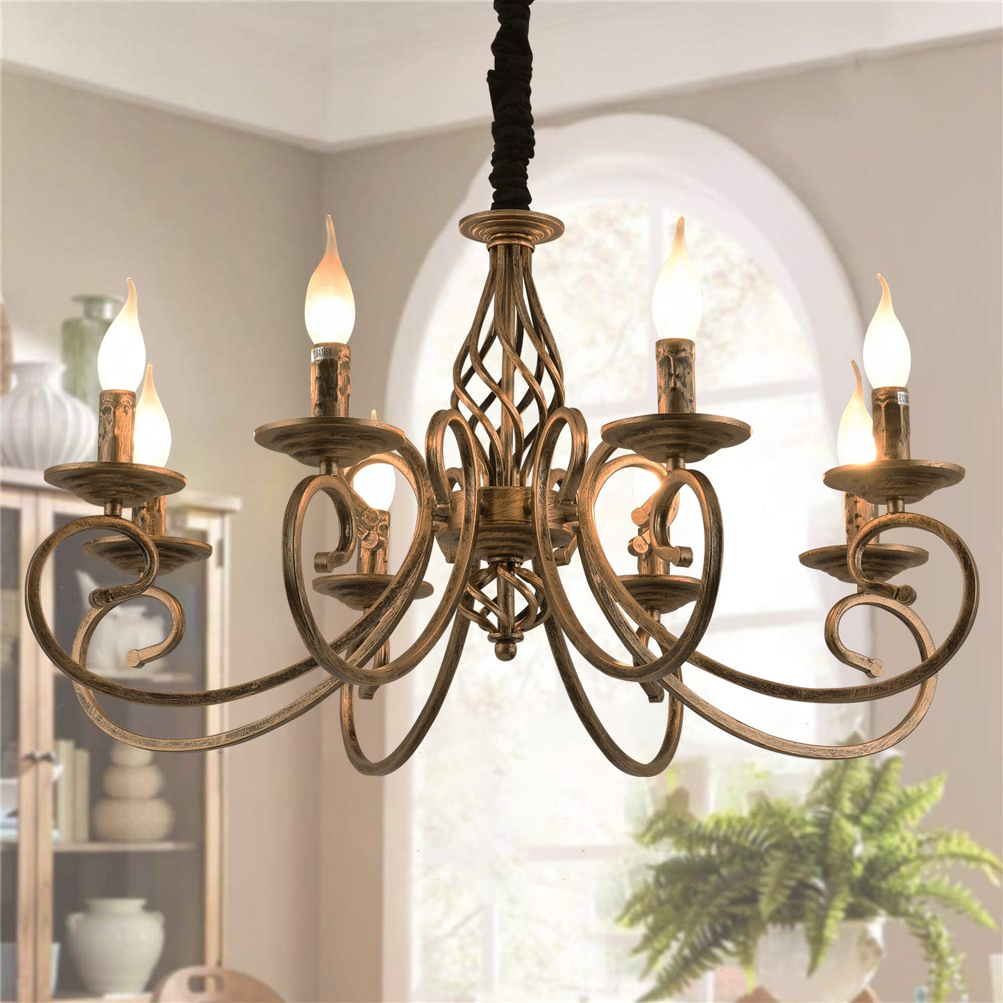 Detailed clofrench country wrought iron chandelier with bronze finish shown hung in close up