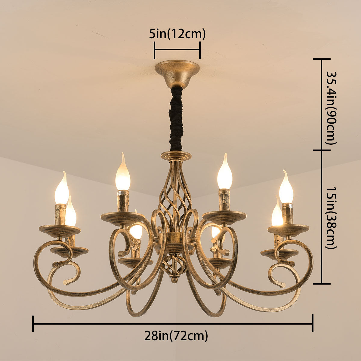 Detailed clofrench country wrought iron chandelier with bronze finish shown with dimensions