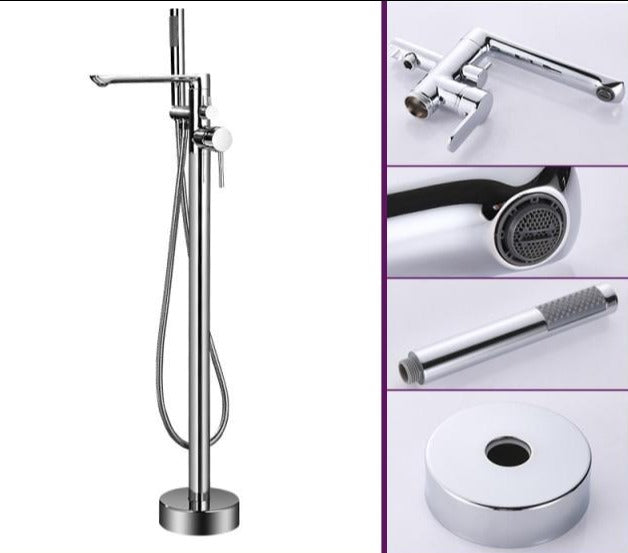 Chrome Contemporary Floor Mounted Tub Filler with Shower Wand