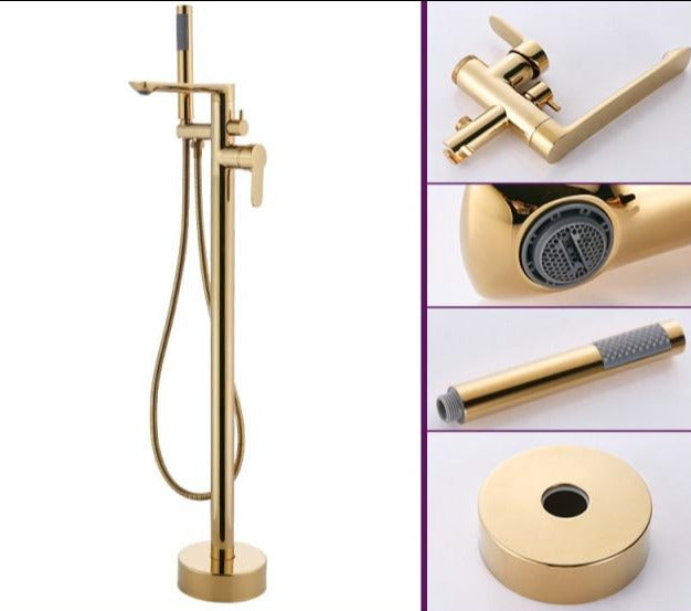Contemporary Floor Mounted Tub Filler in Polished Gold with Shower Wand