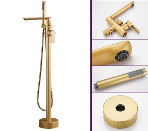 Contemporary Floor Mounted Tub Filler in Brushed Gold with Shower Wand