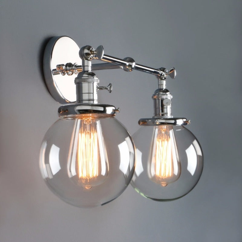 vintage style farmhouse Double Globe Edison Bulb Wall sconce shown in Polished Chrome at an angle