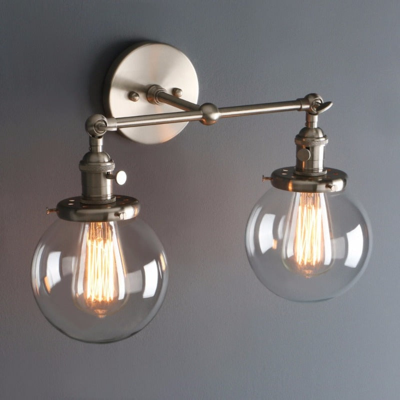 farmhouse Style Double Globe Edison Bulb Wall sconce shown in brushed nickel finish