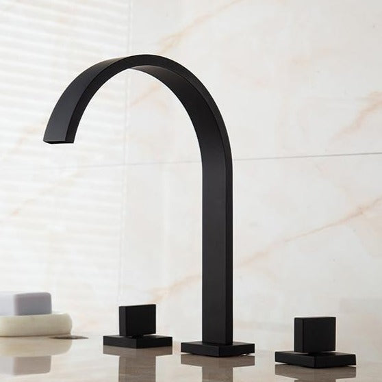 Black bathroom faucet in contemporary gooseneck style