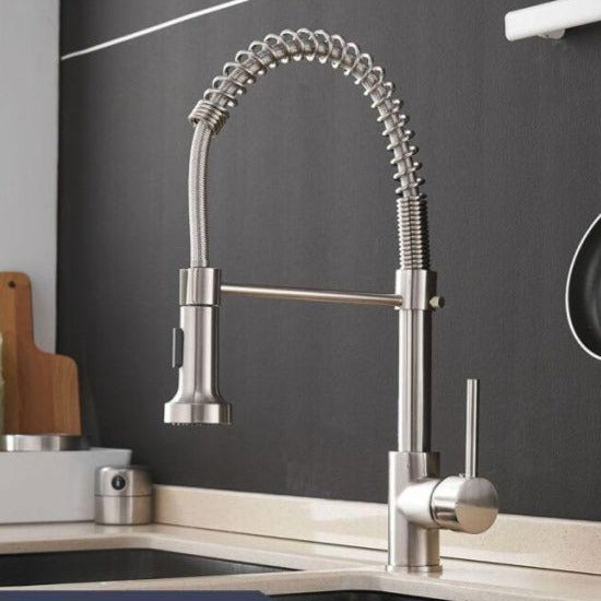 commercial kitchen style open spring pull spray kitchen faucet in brushed nickel