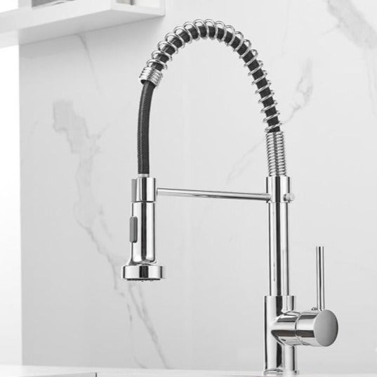 commercial kitchen style open faucet with pull down sprayer in Chrome