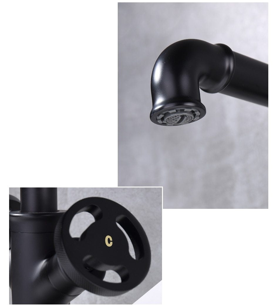 Details of black industrial bathroom faucet