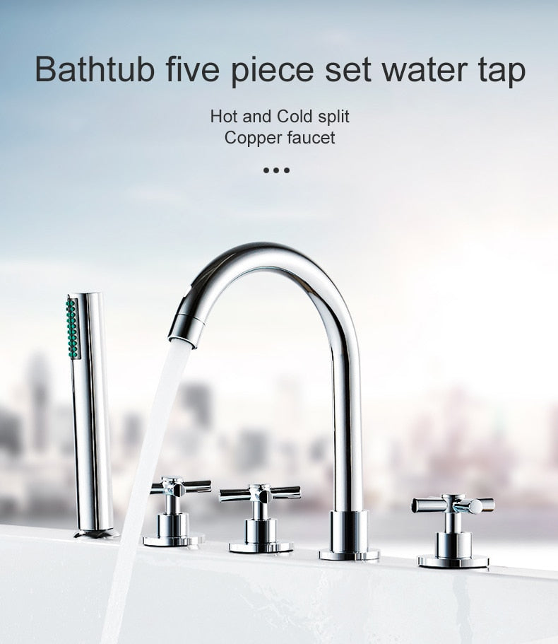 Cross Handle 5-Piece Bathtub Faucet with Shower Wand