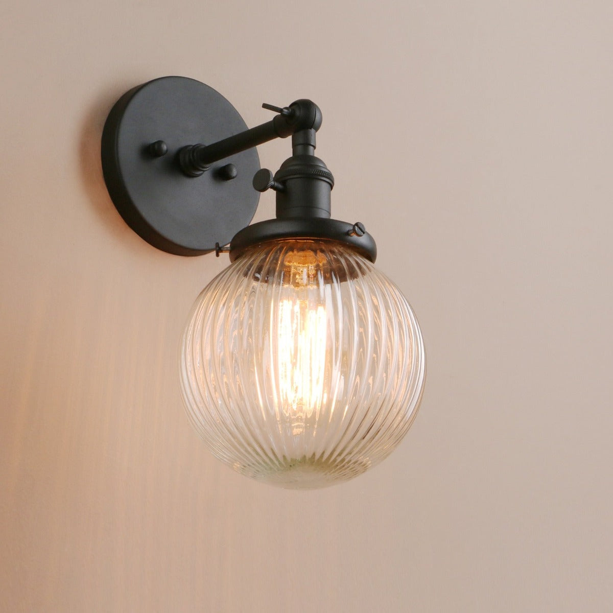 Vintage style Farmhouse Wall Sconce, ribbed Clear Glass Globe in Black finish