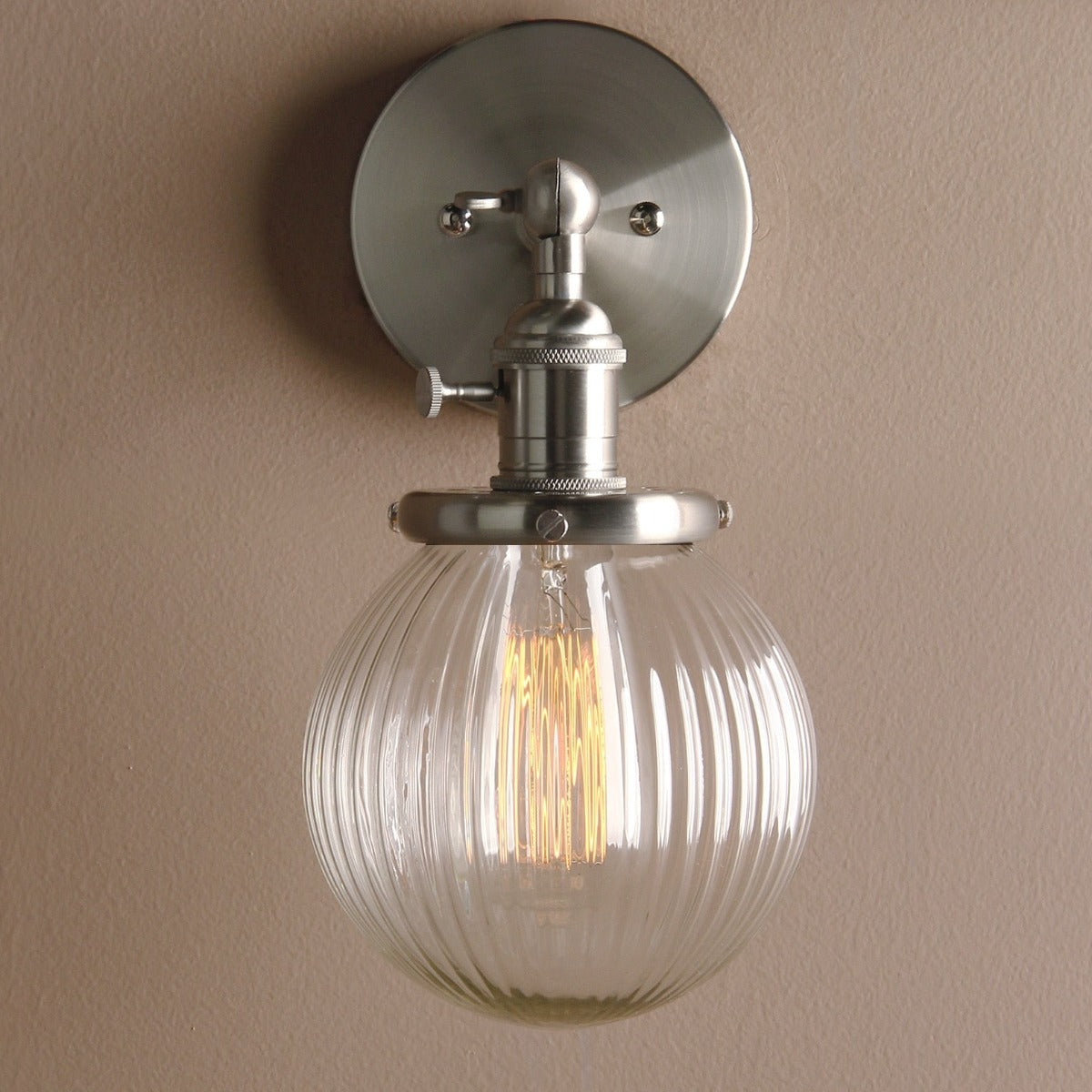 Farmhouse Wall Sconce, ribbed Clear Glass Globe in brushed nickel