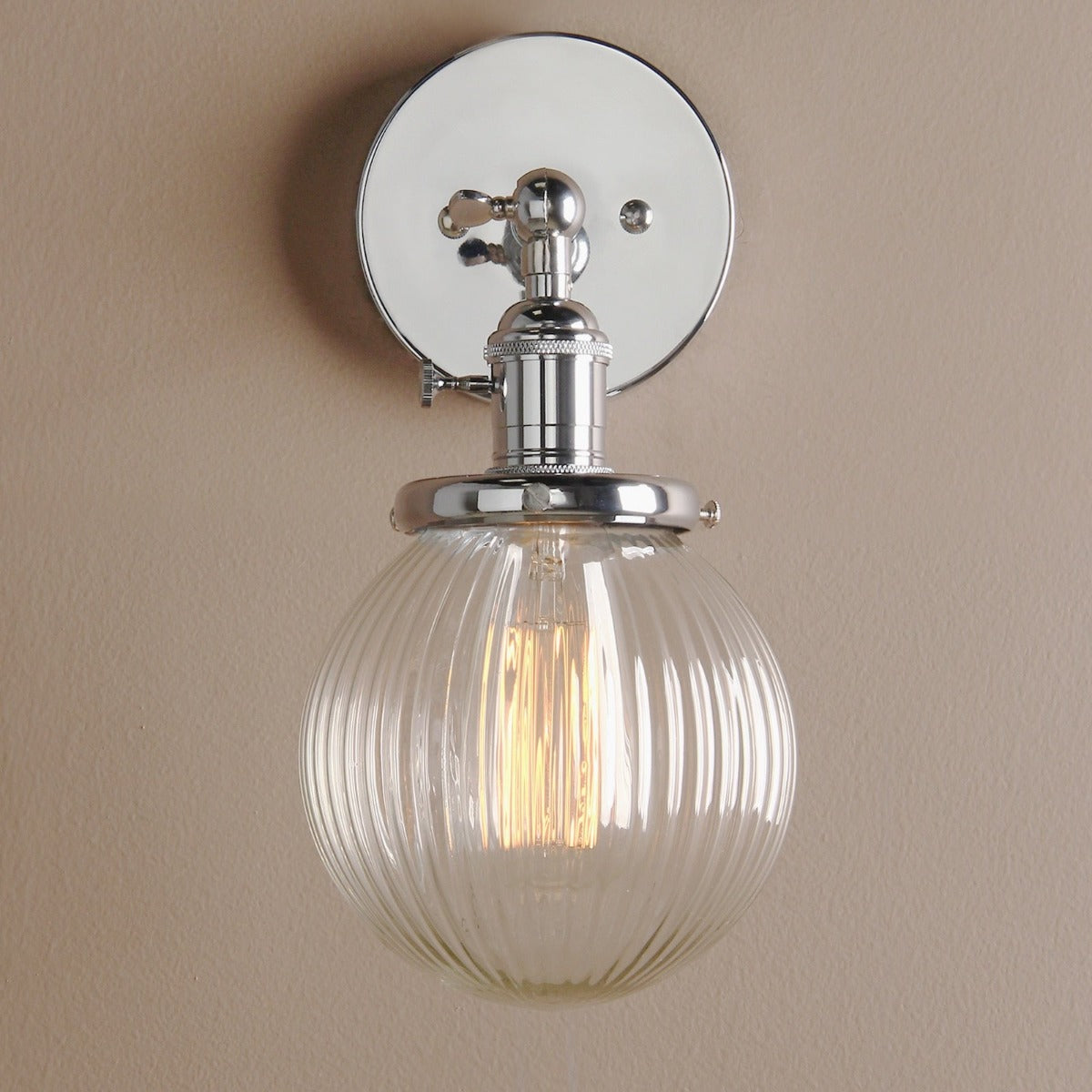 farmhouse Wall lamp with ribbed Clear Glass Globe and Polished Chrome 