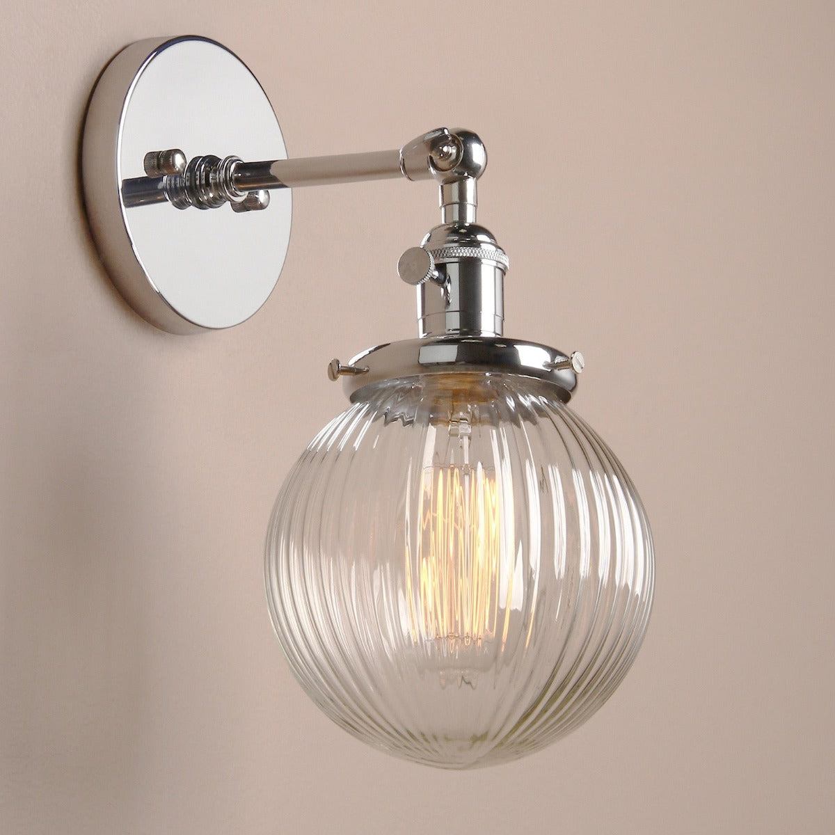 Vintage style Farmhouse Wall Sconce, ribbed Clear Glass Globe in polished chrome finish