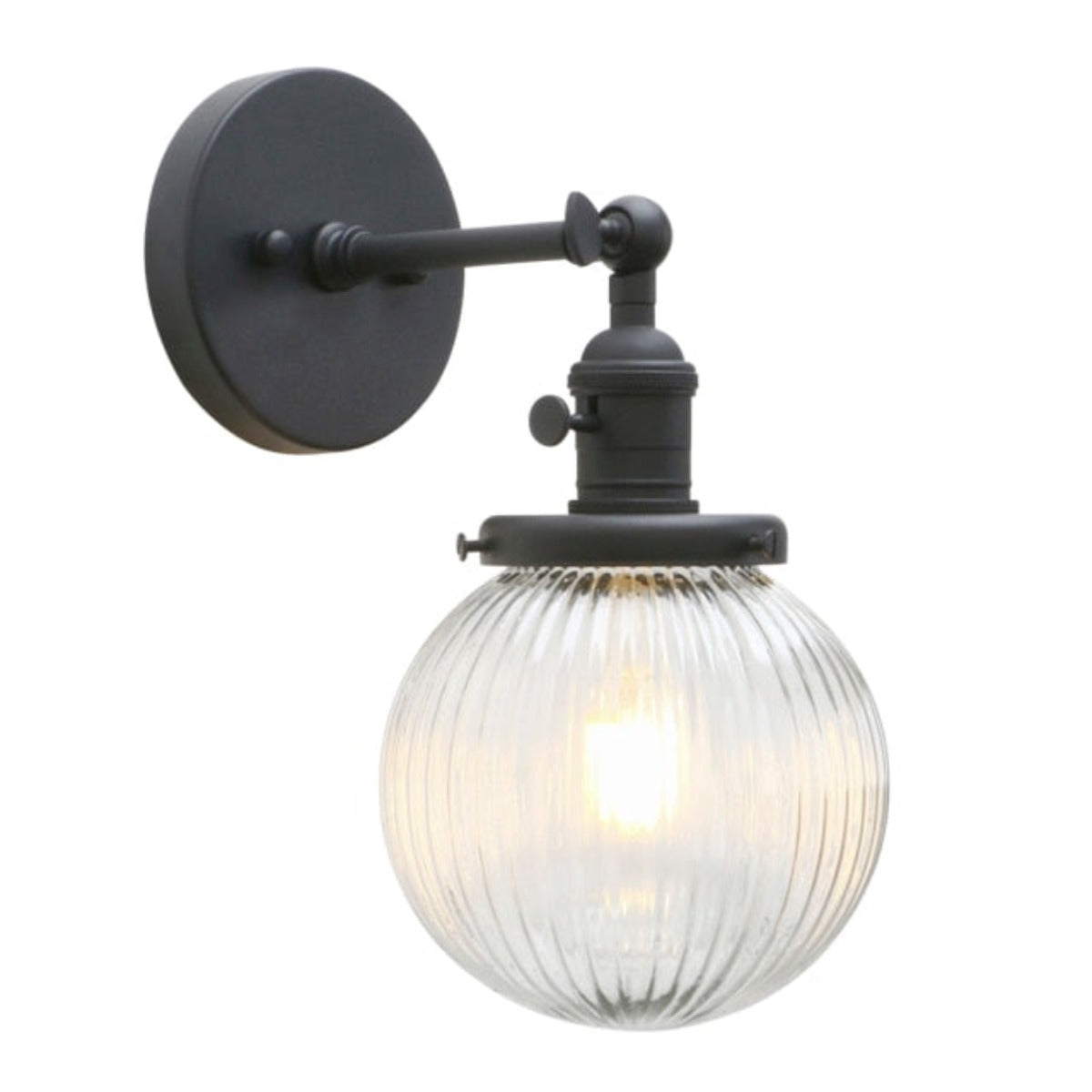 Vintage style Farmhouse Wall Sconce, ribbed Clear Glass Globe in Black finish