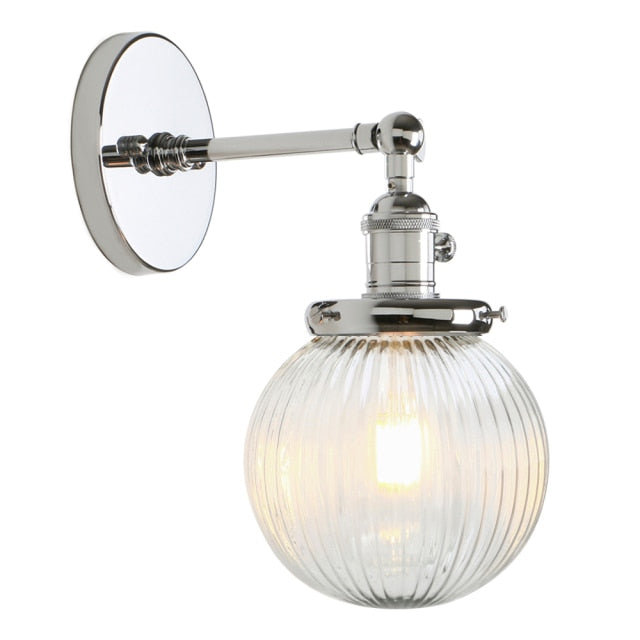 Vintage style Farmhouse Wall Sconce, ribbed Clear Glass Globe in polished chrome finish