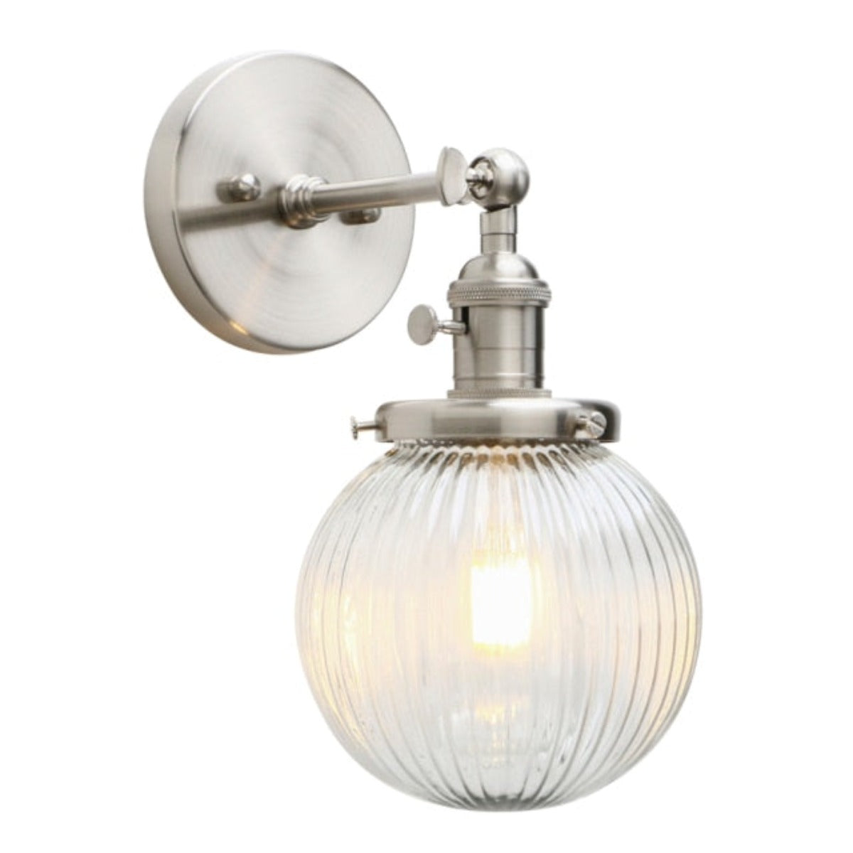 Side view of vintage style famrhouse Wall Sconce, ribbed Clear Glass Globe shown in brushed nickel finish.