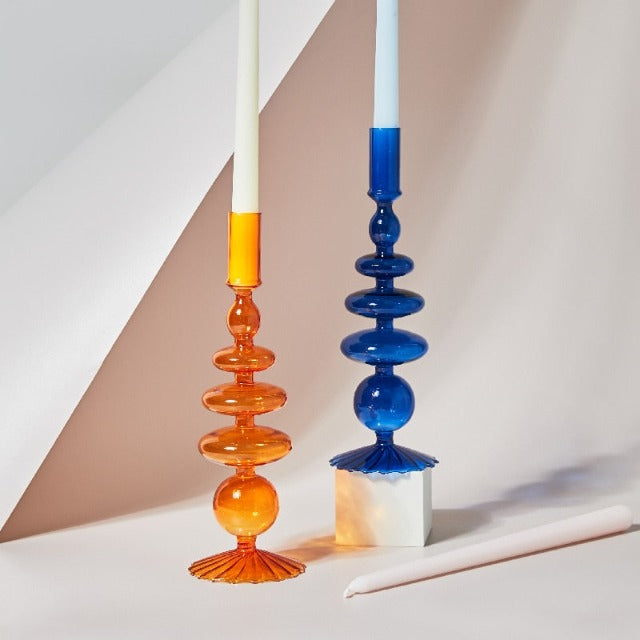 Retro Glass Candle Holder in Orange or Dark Blue