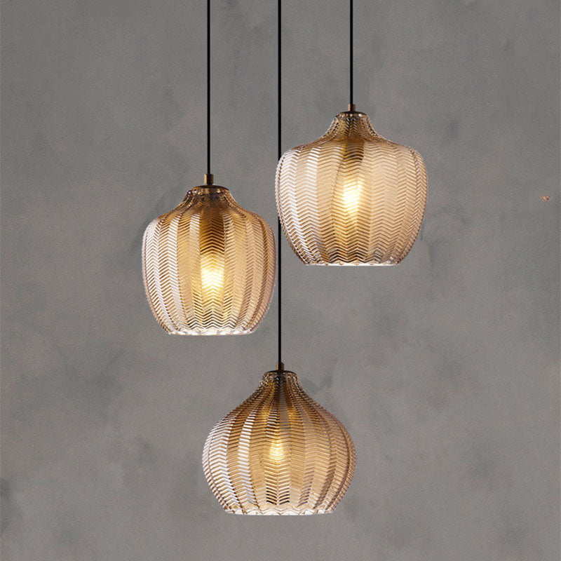 selection of Chevron Patterned Textured Glass Pendant Lights in Amber Tint