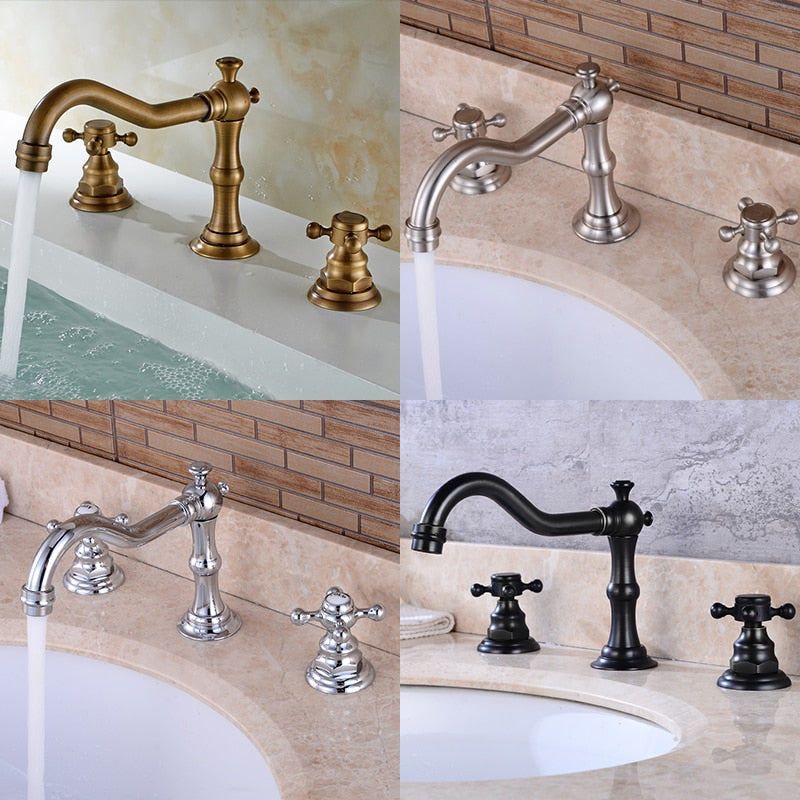 Vintage widespread 3 hole deck mounted bathroom faucet with cross handles in bronze, black, brushed nickel or chrome