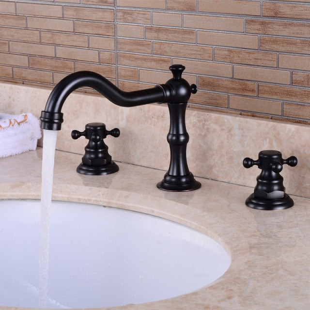 Vintage widespread 3 hole deck mounted bathroom faucet with cross handles in black