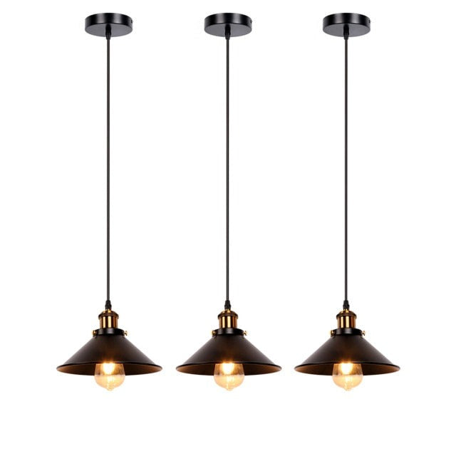 Set of three Black Retro hanging pendant cafe lighting with edison bulb