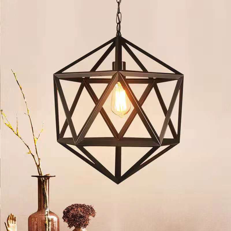 Vintage Iron Cage Geometric Pendant Light in Black