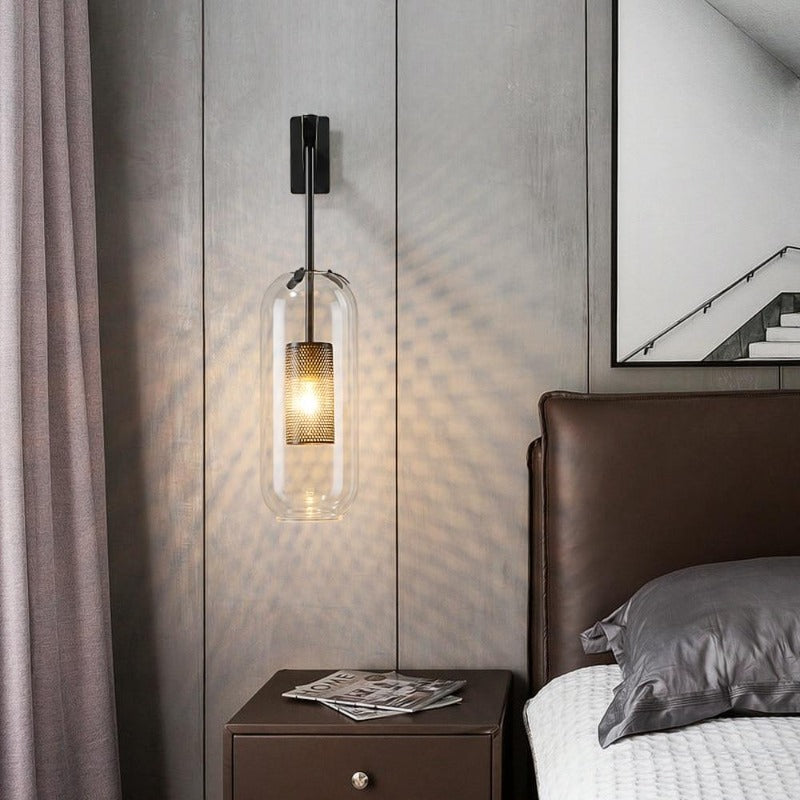 Modern Glass and Brass Wall sconce with oblong glass shade in black finish