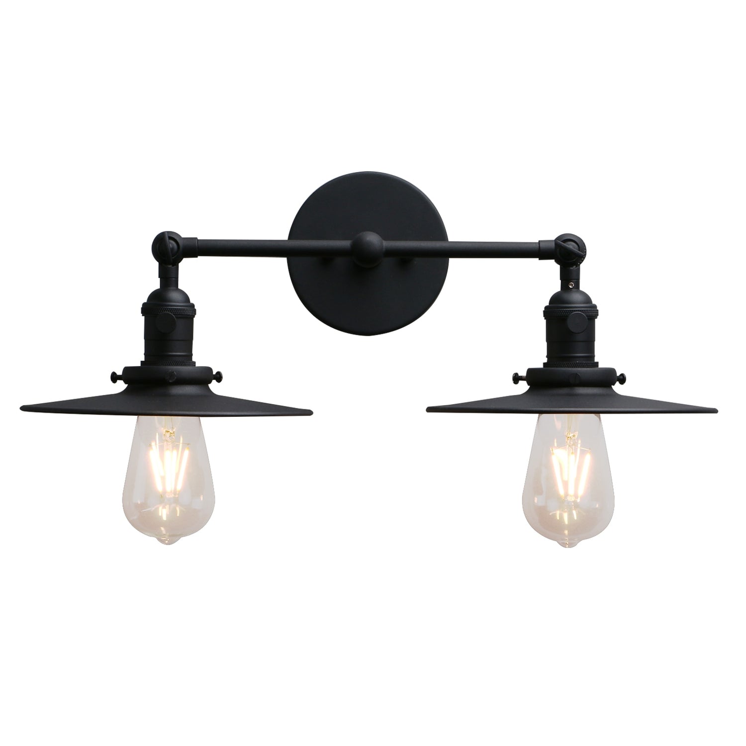 Vintage style double wall sconce with flat shade and edison bulb in black