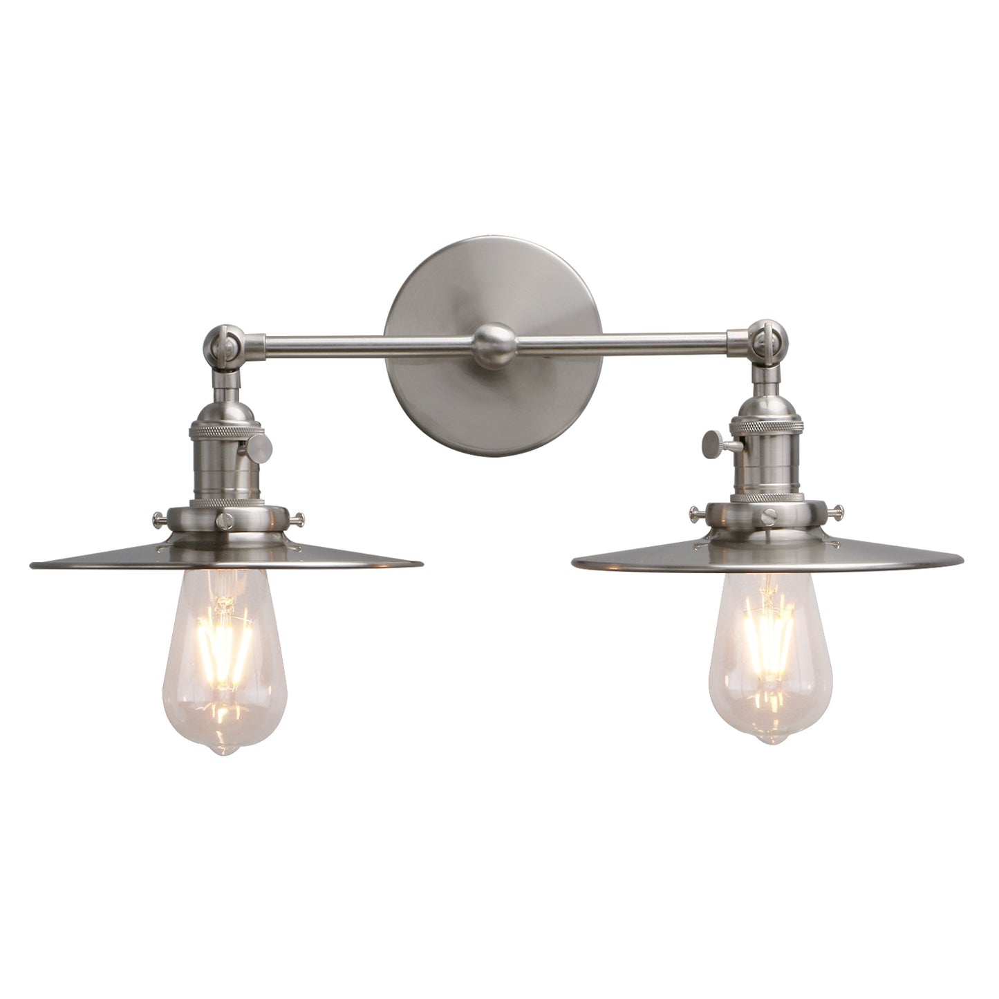 Brushed nickel vintage double wall sconce with flat shade and Edison bulb