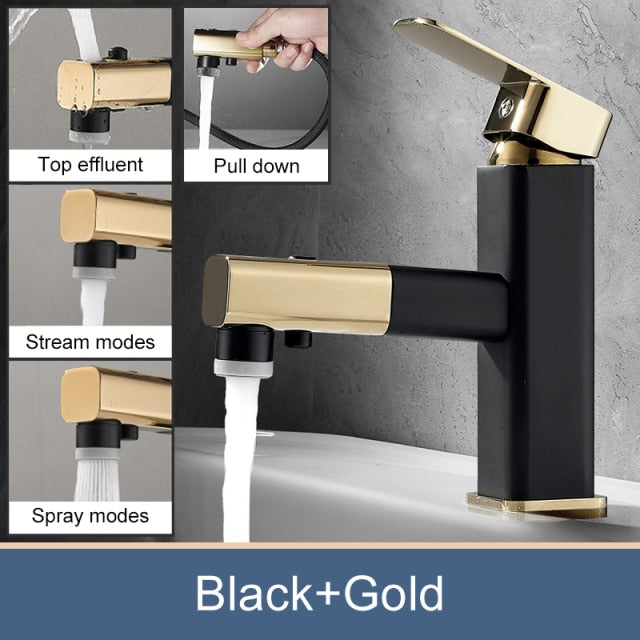Black Bathroom Faucet with pull out sprayer and Water Fountain Feature