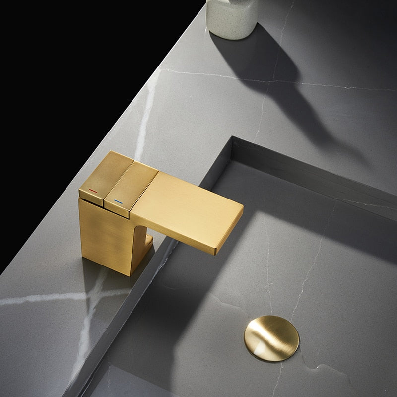 Modern , single hole, Square Bathroom faucet in Brushed Gold Finish