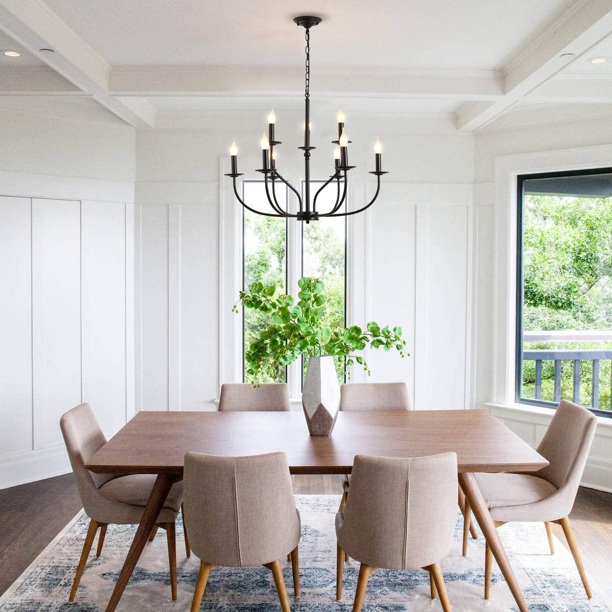 Nine Bulb Classic Black Chandelier shown over dining table