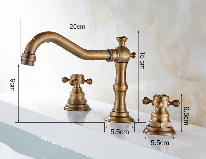 Dimensions of Vintage widespread 3 hole deck mounted bathroom faucet with cross handles in bronze