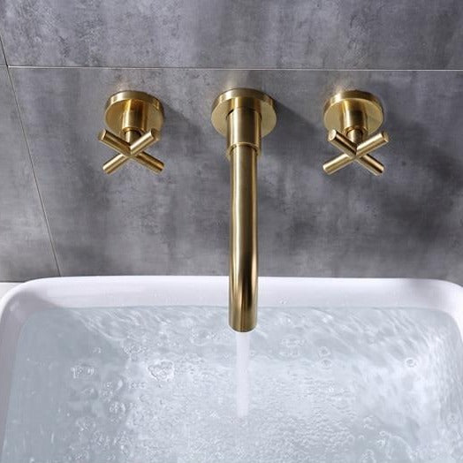 Gold three hole wall mounted cross handled bathroom faucet