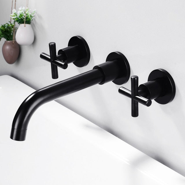 black wall mounted 3 hole cross handle faucet in retro style
