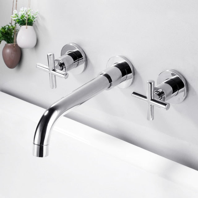 wall mounted bathroom faucet with cross handles in polished chrome