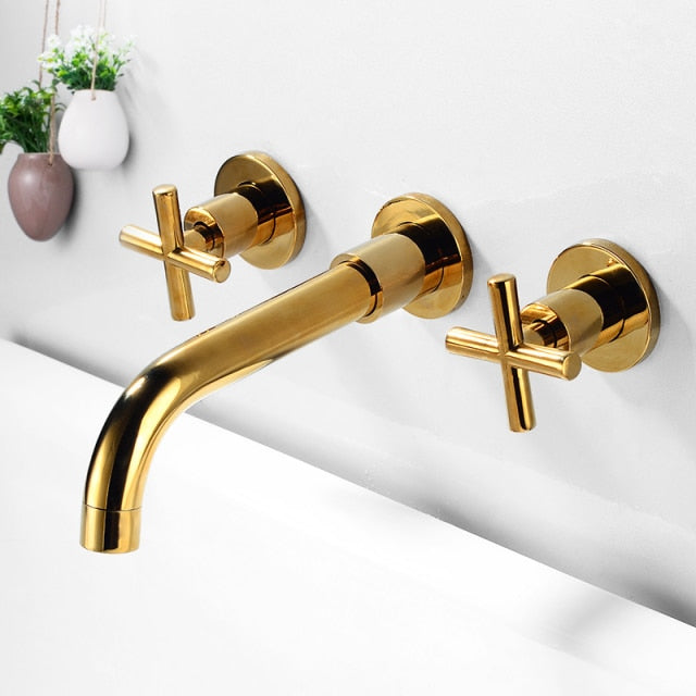wall mounted bathroom faucet with cross handles in gold